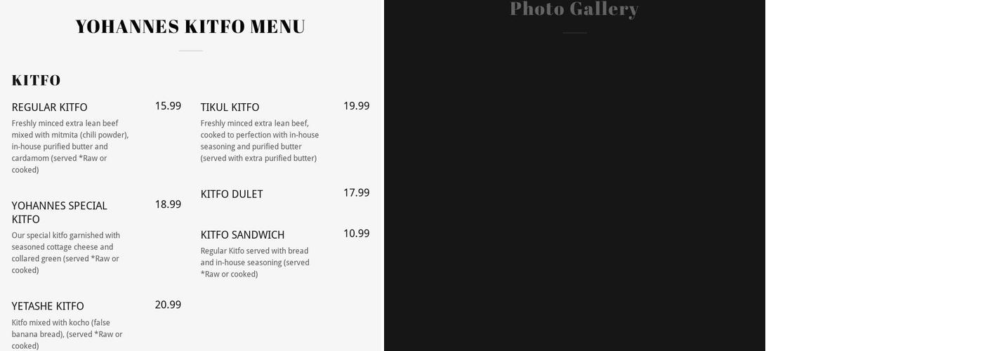 Yohannes Kitfo Menu