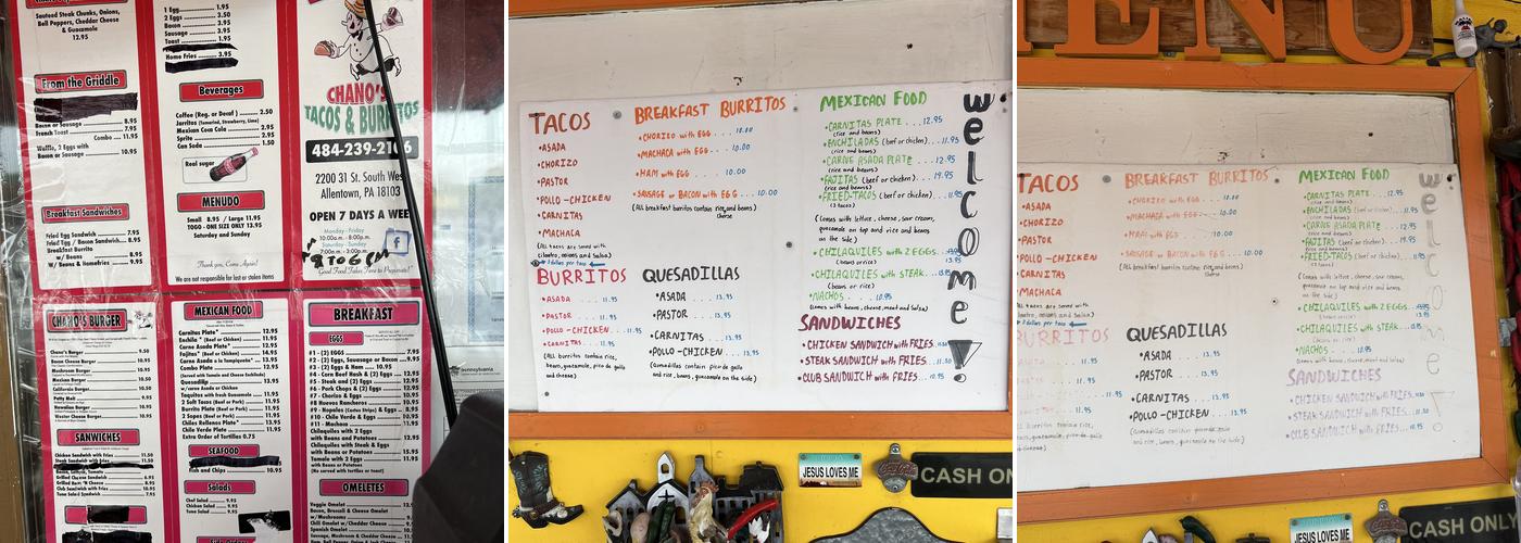 Chano’s Tacos Burritos Menu