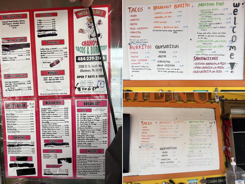 Chano’s Tacos Burritos Menu