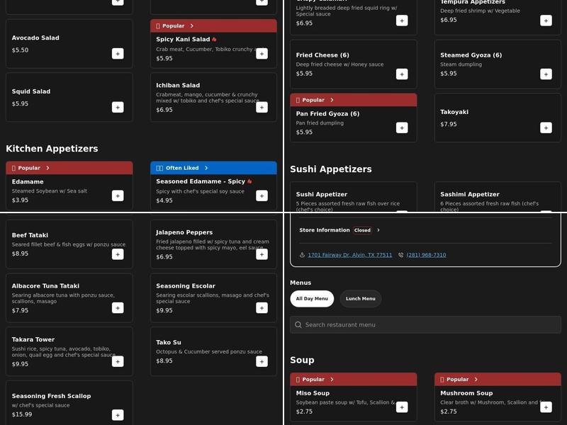 Takara Sushi & Steak House Menu