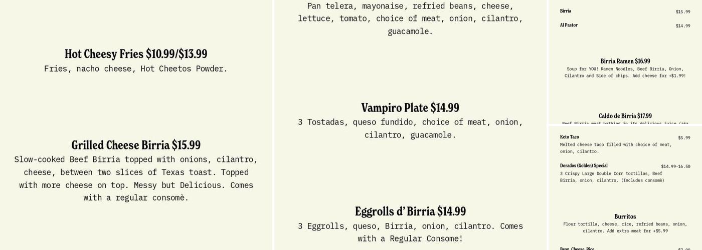 The Birria Shack Menu