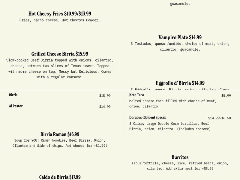 The Birria Shack Menu