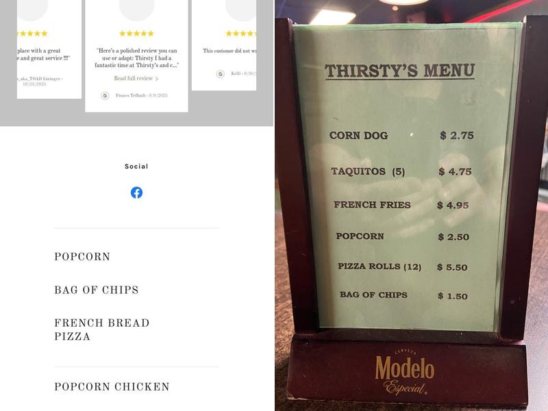 Thirsty's Bar Menu