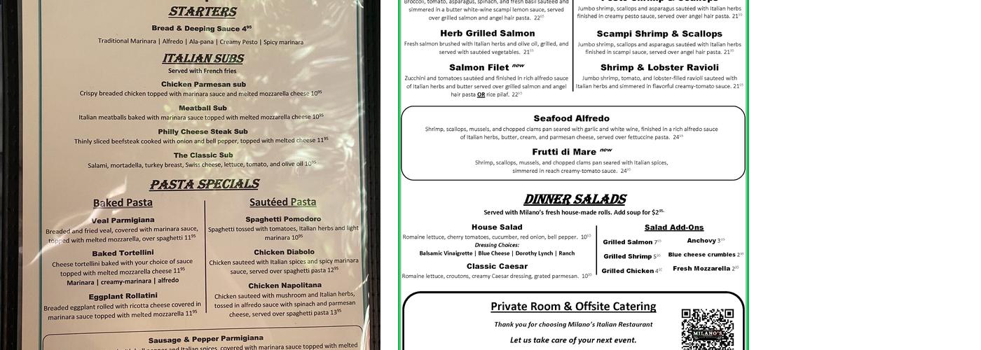 Milano's Italian Restaurant Menu