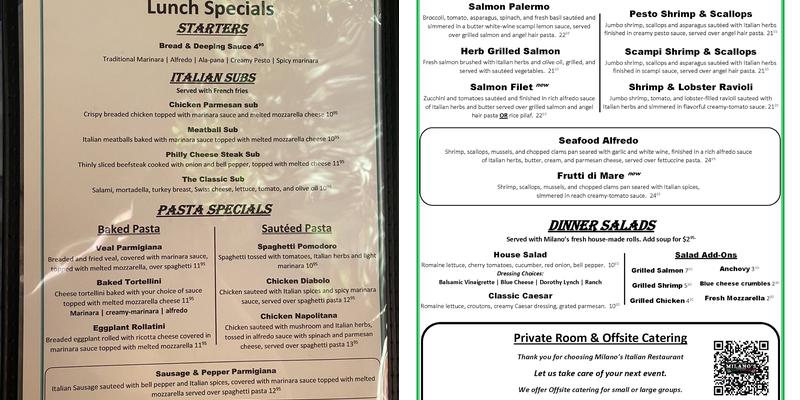 Milano's Italian Restaurant Menu