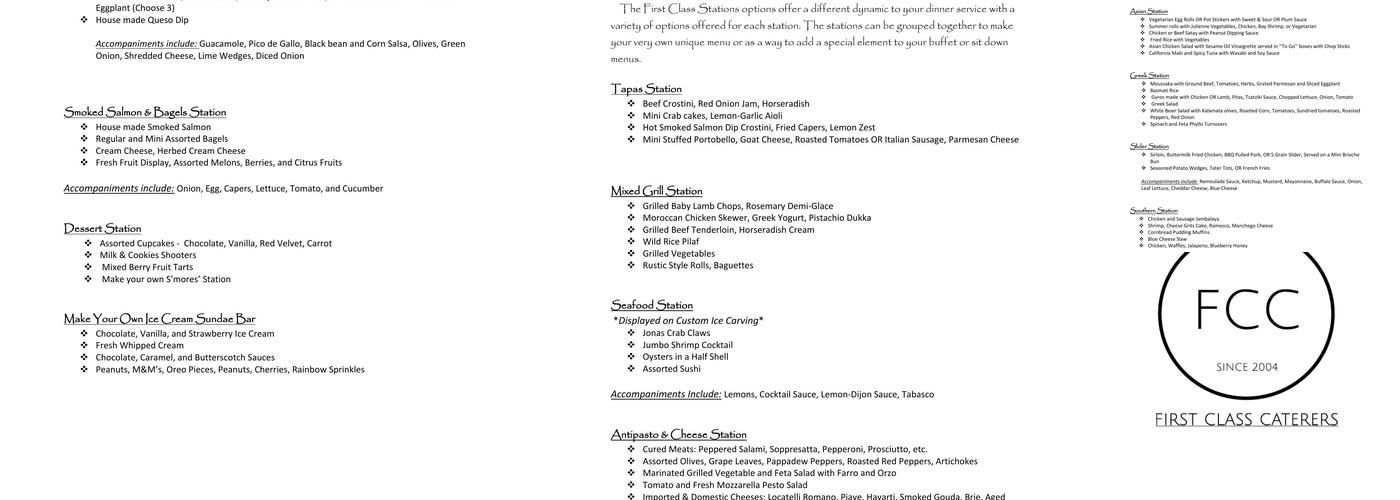 First Class Caterers Menu