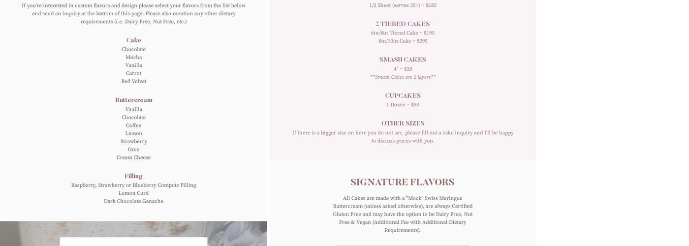 Specially Made Cakes Menu