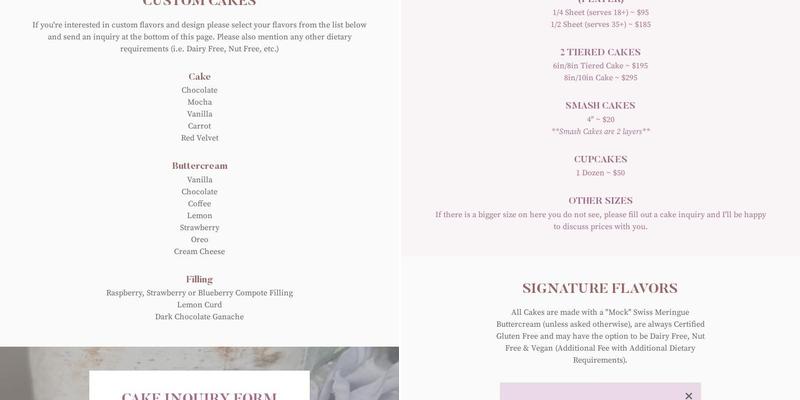 Specially Made Cakes Menu