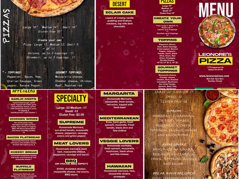 Leonore's Pizza Menu