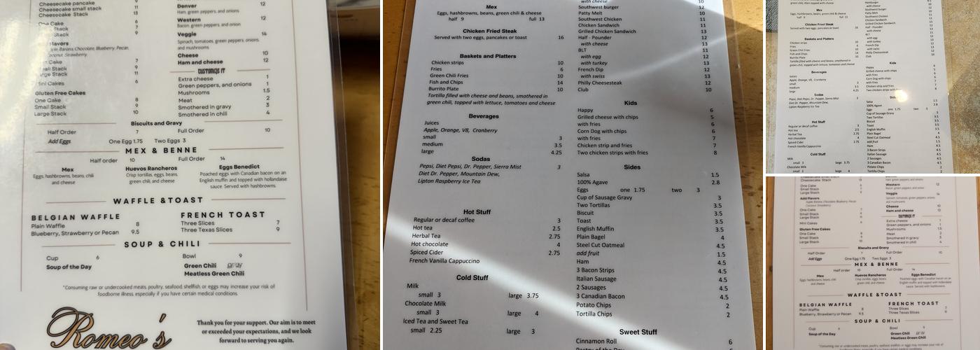 Romeo's Pancakes Menu