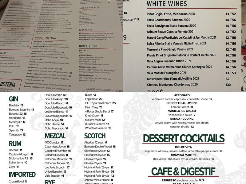 Casaro Osteria Menu