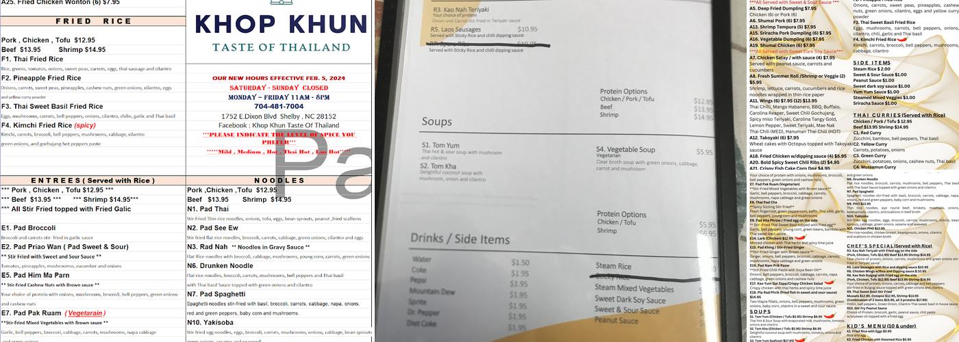 Khop Khun taste of thailand Menu
