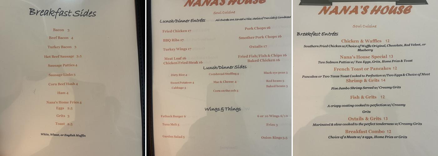 Nana's House Menu