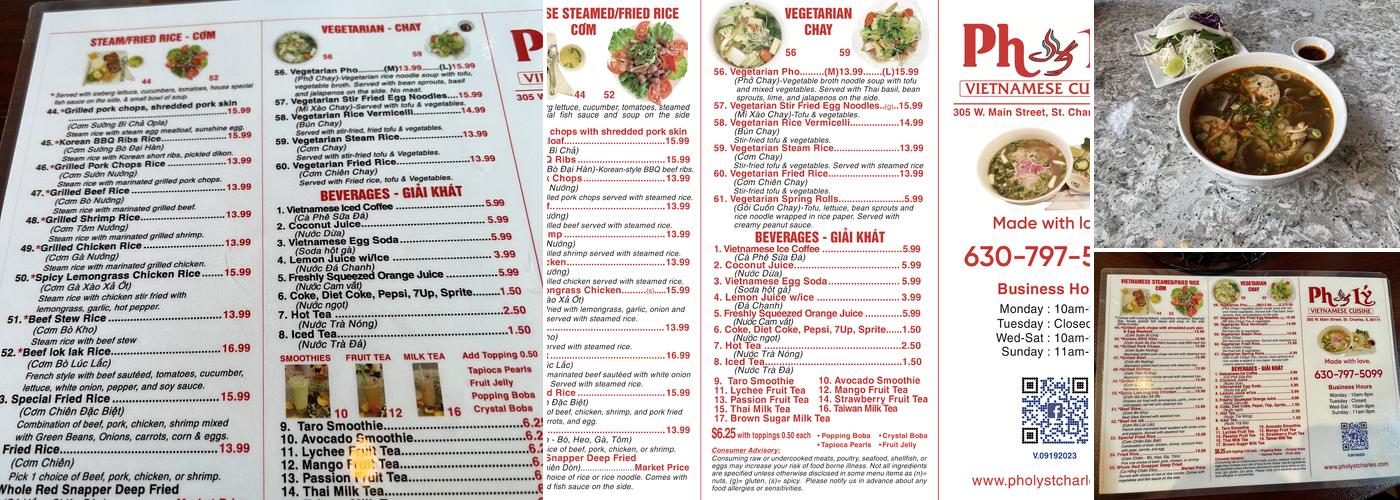 Pho Ly Menu