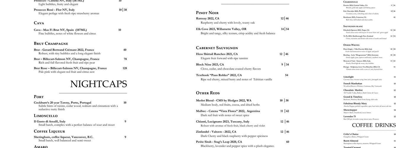 Curtain Call Lounge Menu