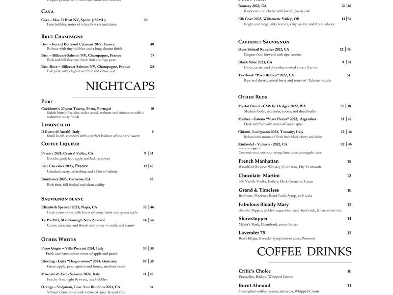 Curtain Call Lounge Menu