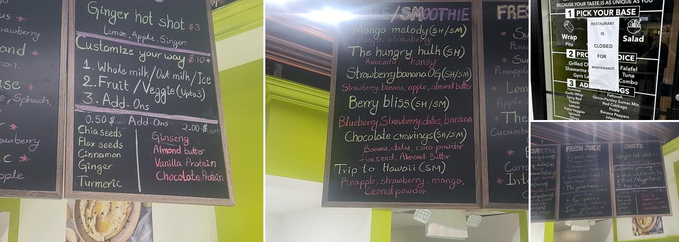 Taj Mediterranean Mezze and Jucie Bar Menu