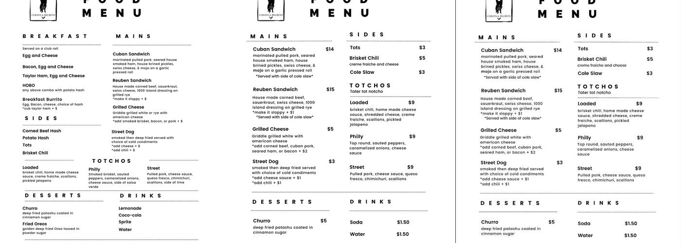 Lily's Cubans & Reubens Food Truck Menu