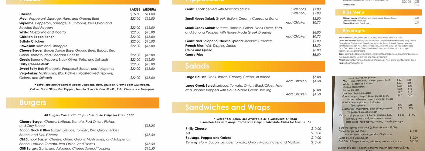 The Sandbar at Sunrise Beach Menu