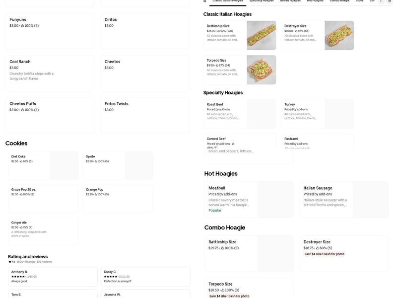 Battleship & Destroyer Sandwiches Menu