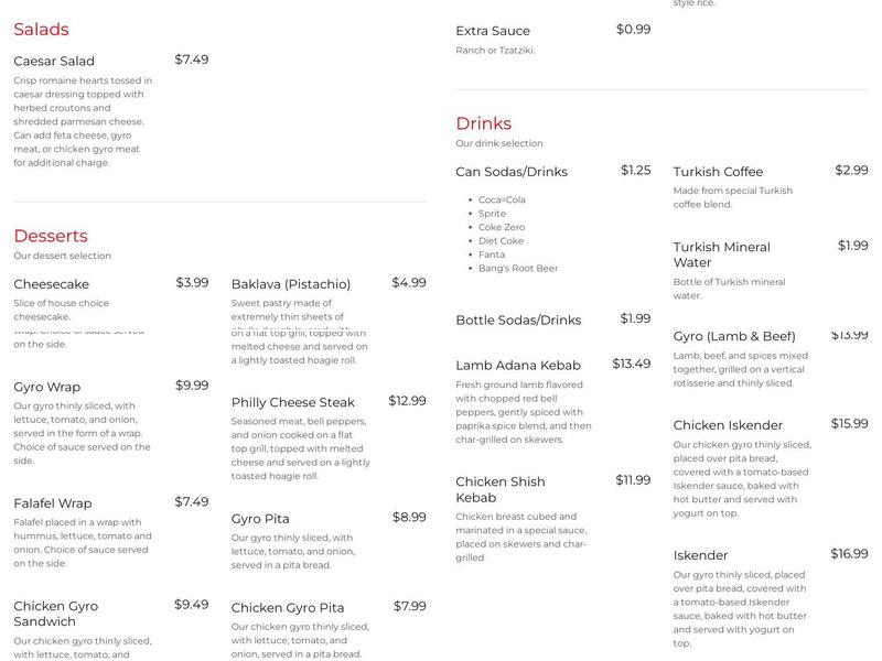 64 Tally Gyro & Kebabs Menu