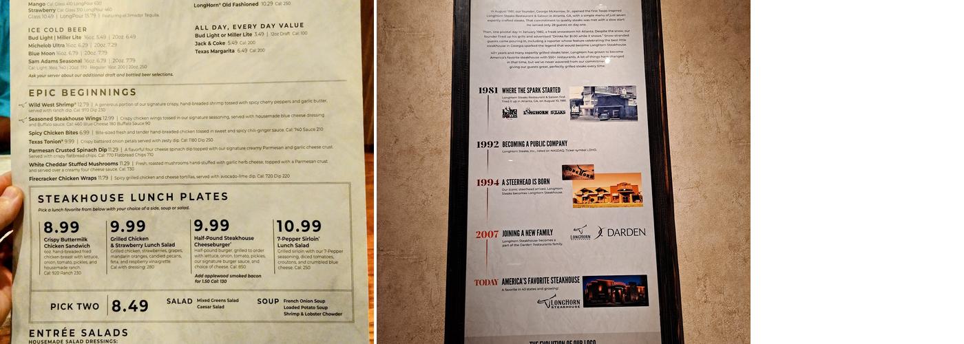 LongHorn Steakhouse Menu