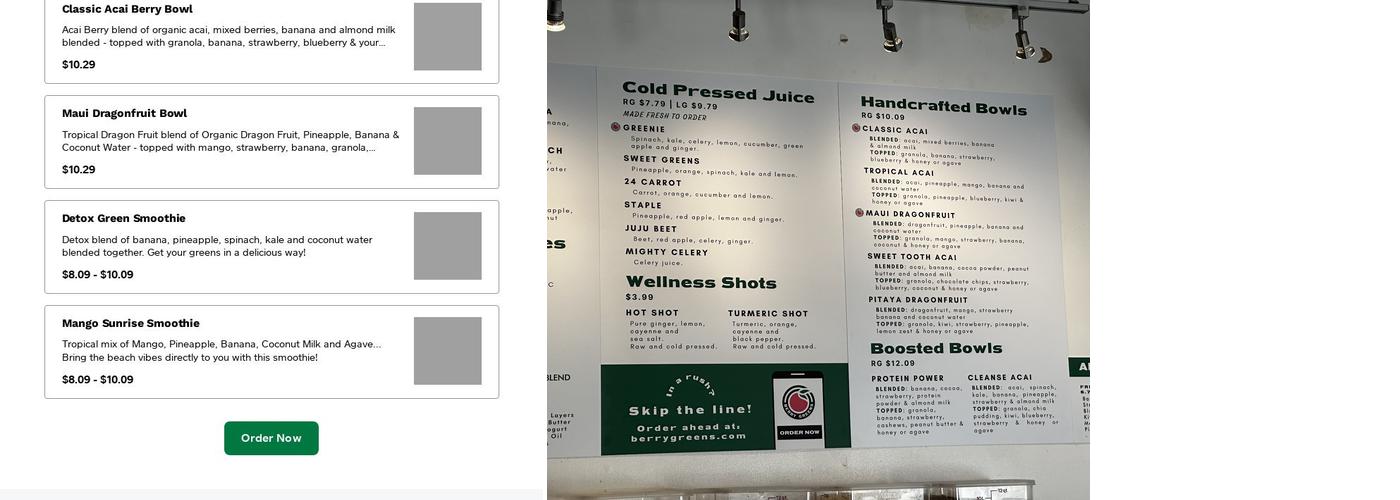 Berry Greens Juice Bar Menu