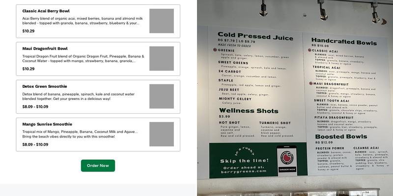 Berry Greens Juice Bar Menu