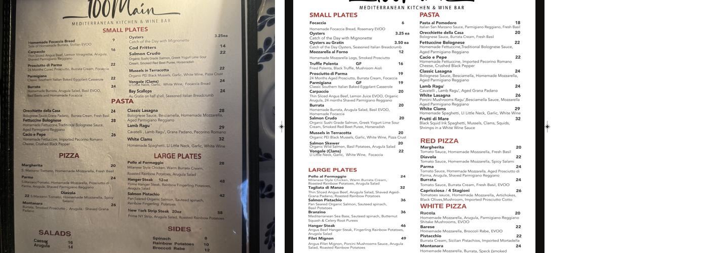100 Main Restaurant Menu
