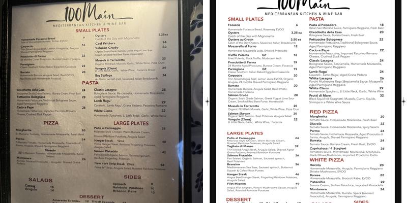 100 Main Restaurant Menu