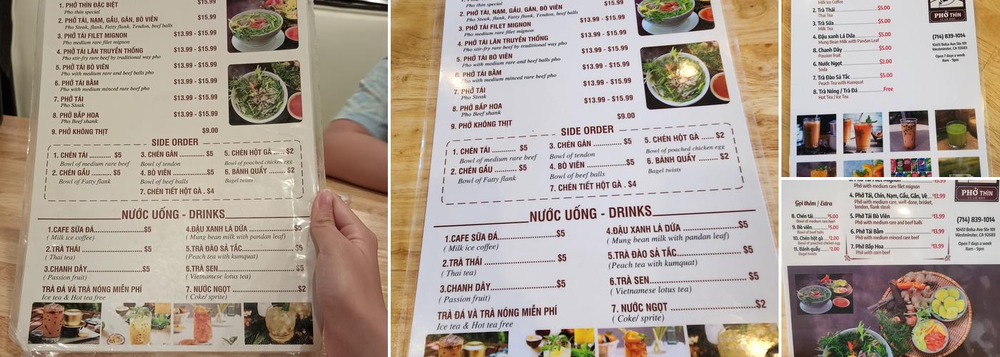 PHỞ THÌN Menu
