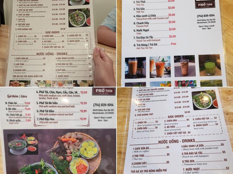 PHỞ THÌN Menu