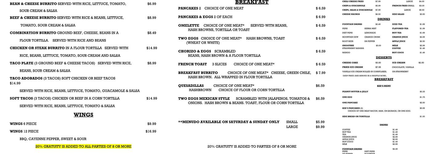 Cactus Cafe Menu