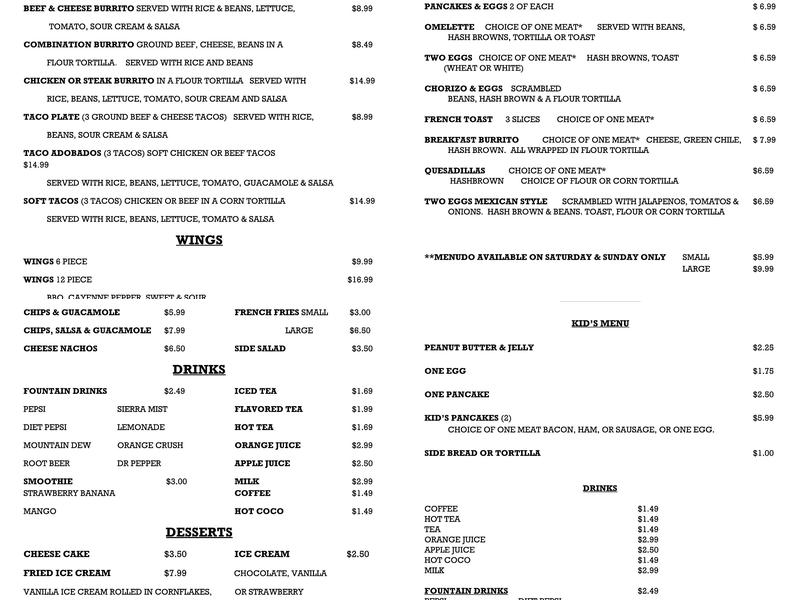 Cactus Cafe Menu