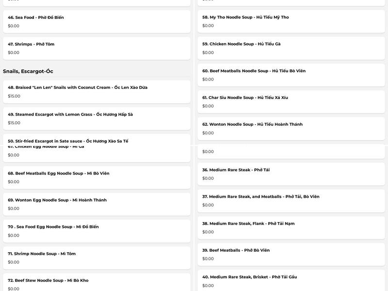 Pho Ong Gia Cali Menu