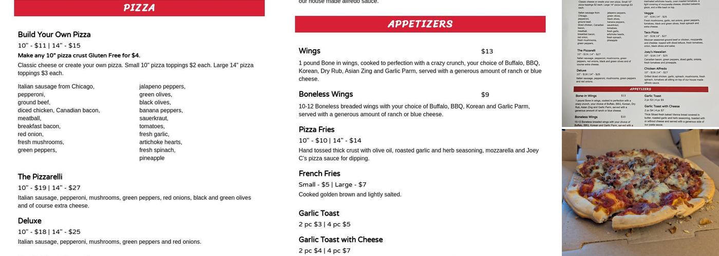 Joey C’s Pizza Menu