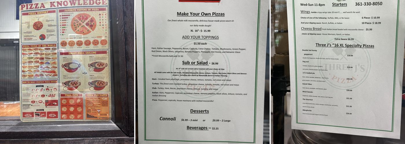 Three J's Pizza Menu
