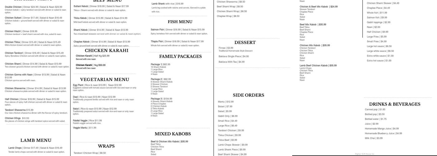 Afghani Grill house Inc Menu