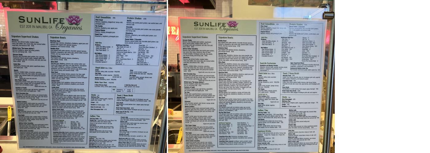 SunLife Organics Menu