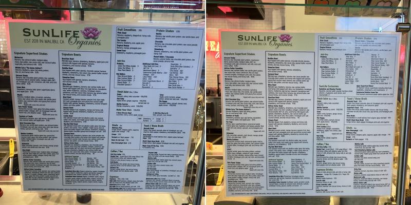 SunLife Organics Menu
