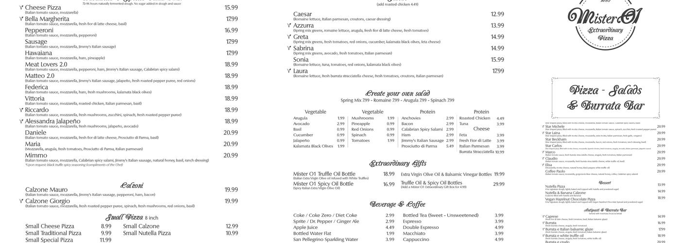 Mister O1 Extraordinary Pizza Grapevine Menu