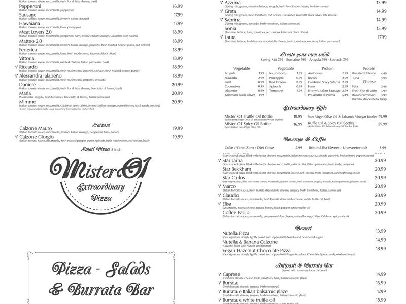 Mister O1 Extraordinary Pizza Grapevine Menu