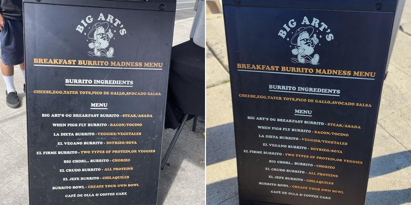 Big Art’s Breakfast Burritos Menu