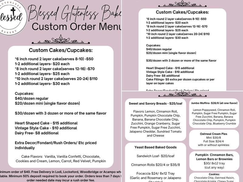 Blessed Glutenless Bakery Menu