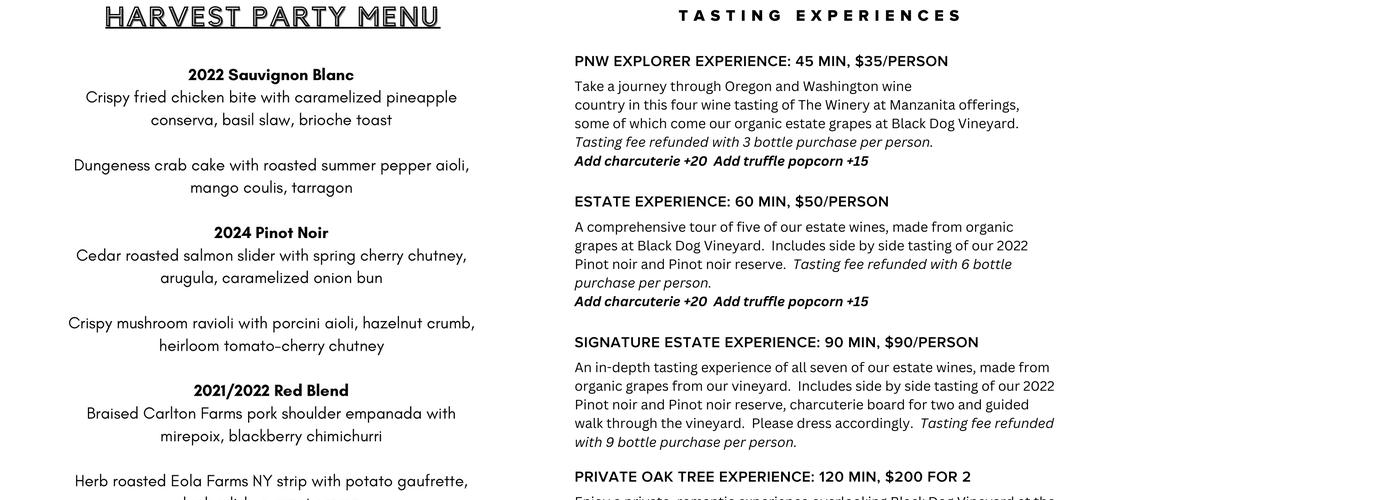 Black Dog Vineyard & Winery Tasting Room Menu