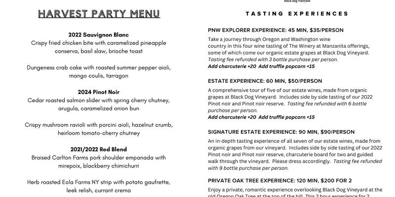 Black Dog Vineyard & Winery Tasting Room Menu