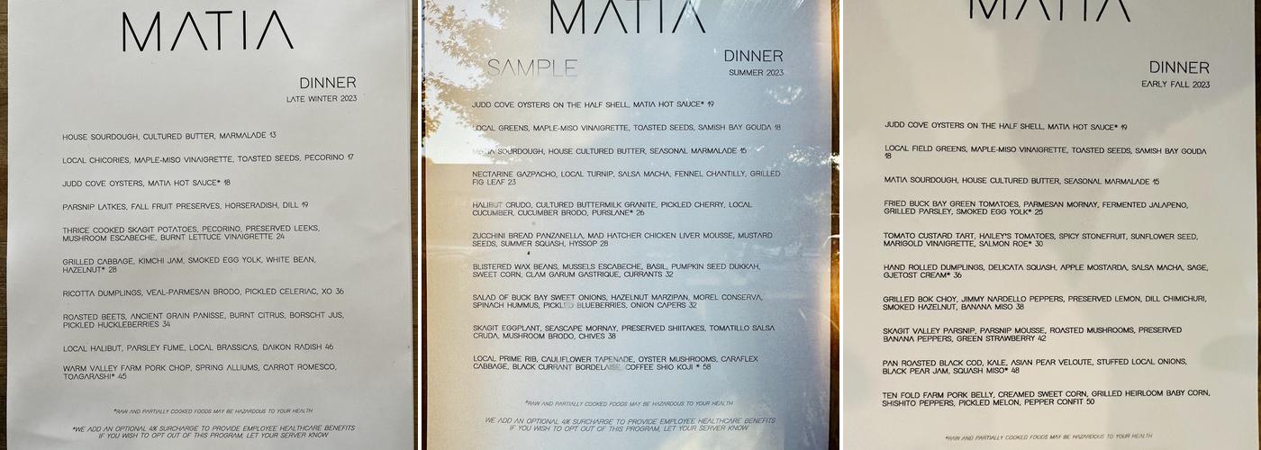 Matia Kitchen Menu