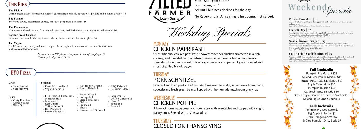 The Tilted Farmer Menu