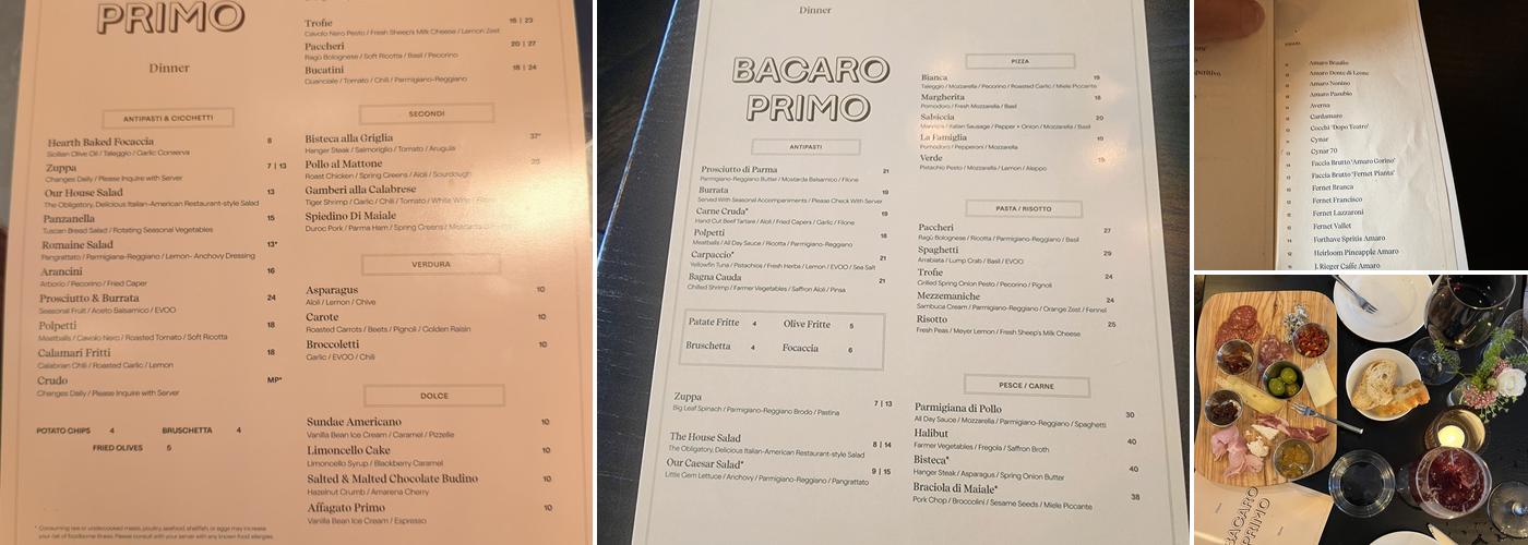 Bacaro Primo Menu