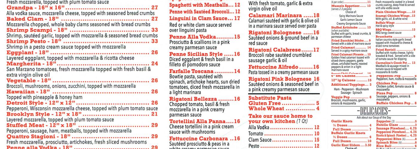 Carmelina's Pizzeria and Ristorante Menu